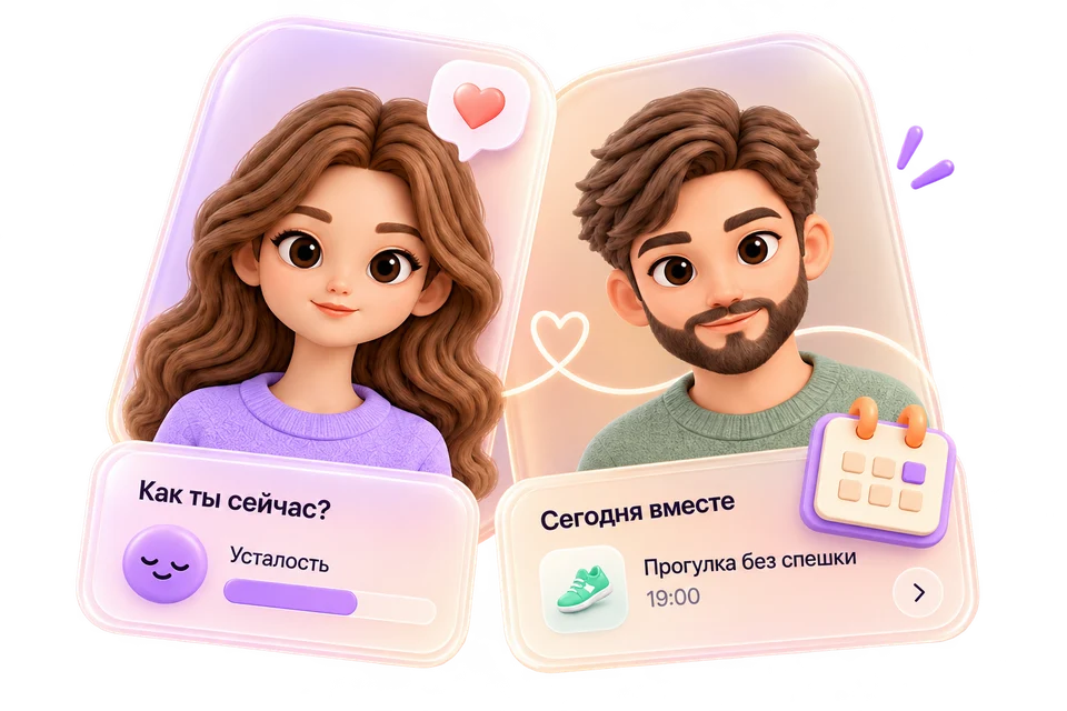 Пример GetYou: два выбранных персонажа, чувство «Усталость» и совместная прогулка в 19:00.